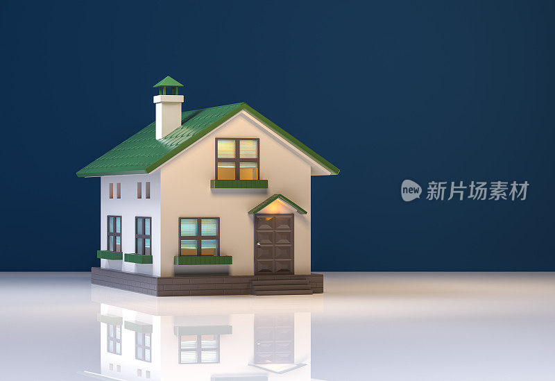 蓝色背景上的绿色屋顶的小房子- 3渲染